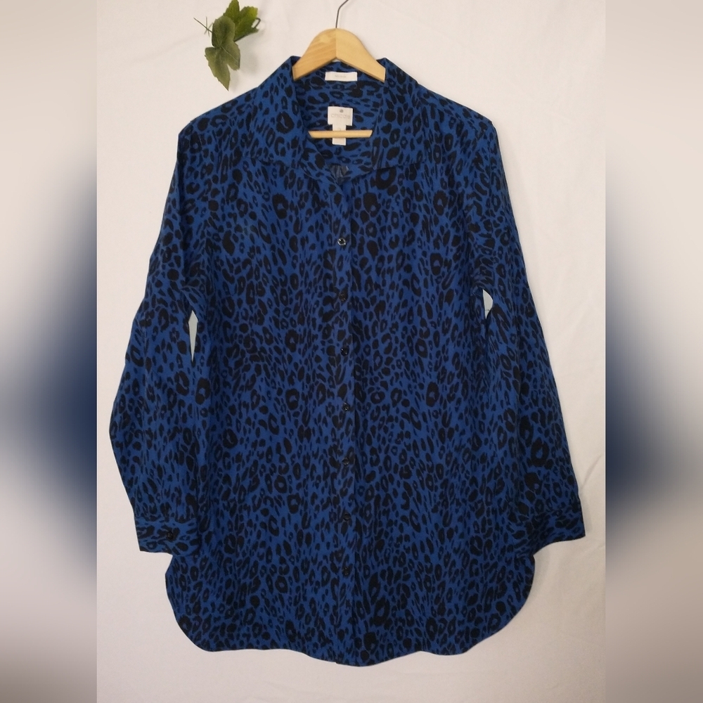 Chico's Blue Leopard Print Women's Top Blouse Size 2 Chico's
